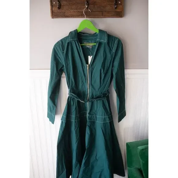 chinese dress ladies Anthropologie Dress Womens 0 Green Button Up Long Sleeve Belted White Striped